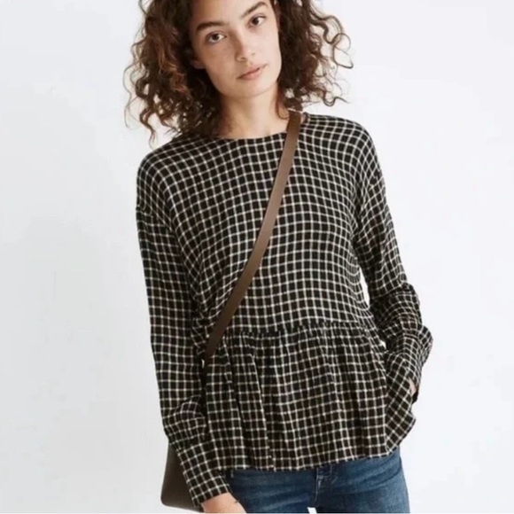 Madewell Women Button-Back Peplum Top Mini Windowpane Black Check Twill Small - Picture 1 of 11